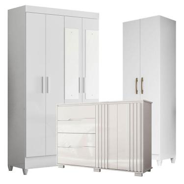 Imagem de Guarda Roupa Com Espelho Infantil Sobral Com Cômoda Texas E Armário Multiuso New íris Branco Brilho - Moval