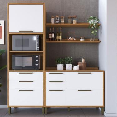 Imagem de Armário de Cozinha com Balcão e Tampo 4 Portas 5 Gavetas Pérola 100% Mdf Vidro Reflecta Amêndoa/Branco - Pnr Móveis