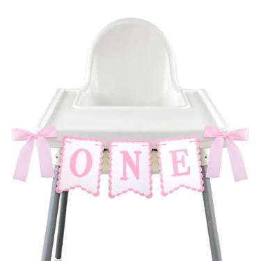 Imagem de XLIUAX Faixa de cadeira alta para menina, laço rosa branco 1º aniversário cadeira alta, uma faixa rosa doce arco para fotos de primeiro aniversário decorações