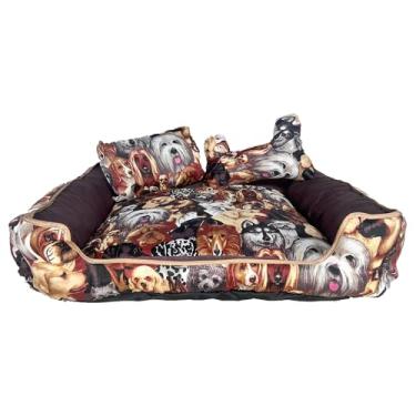 Imagem de Cama Pet Quadrada Média em Gorgurinho, Impermeável, 50x50x15cm, com Almofadas, Tecido Maquinetado, Zíper em 4 Lados, para Cães e Gatos (Marrom Dogão)