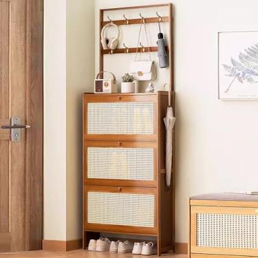 Imagem de Armário de sapatos com 2/3 portas dobráveis, armário moderno de armazenamento de sapatos com 8 ganchos, sapateira estreita para entrada, moldura de bambu resistente para cozinha, entrada, sala de