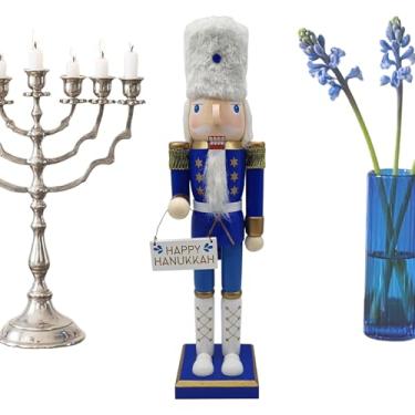 Imagem de Quebra-nozes de Natal - Quebra-nozes Hanukkah de madeira | Estátua colecionável festiva branca e azul suprimentos de festa para armário prateleira lareira balcão de janela mesa