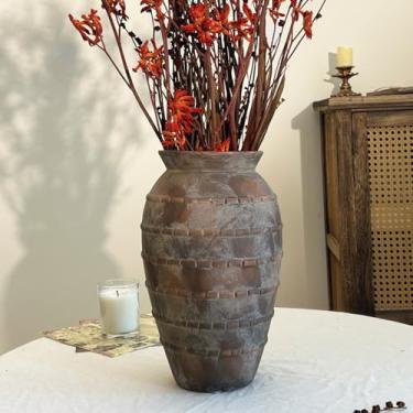 Imagem de Vaso de cerâmica marrom decorativo de fazenda, vaso de cerâmica rústico de 30 cm para sala de estar e mesa, vasos de flores feitos à mão para cornija rústica e decoração de casa
