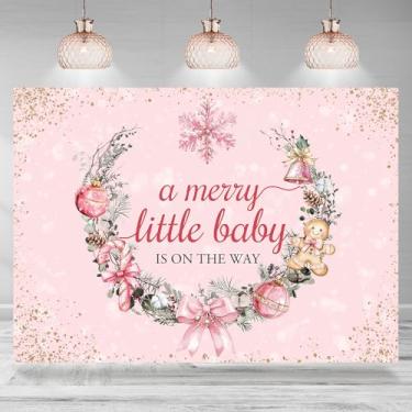 Imagem de Rsuuinu Pano de fundo de Natal para chá de bebê A Merry Little Baby is On The Way Winter Pink Bowknot Snowflake Gingerbread Background 2,1 x 1,5 m, decorações de festa para recém-nascidos, banner de
