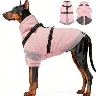 Imagem de Casaco para cães 3GG com arnês refletivo 2 em 1 para passear com cães | Casaco de inverno com gola rolê à prova de vento para cães grandes, roupa de neve com mangas que protegem as juntas, roupas para