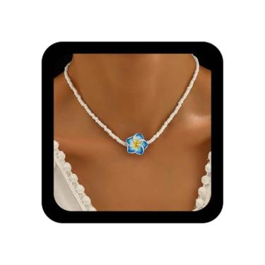 Imagem de Xduargs Colar Boho com contas de sementes havaianas, colar de flores tropicais, pequenos colares de corrente com contas de arroz, vintage, colares florais tropicais, joias para mulheres (rosa), Zinco