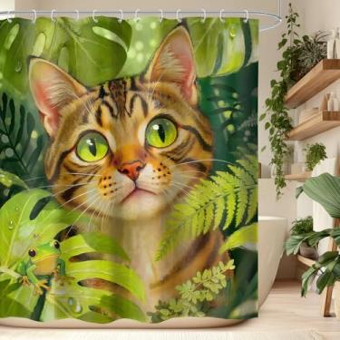 Imagem de LIGHTINHOME Cortina de chuveiro engraçada para gatos 152 cm L x 182 cm A verde tropical folha de palmeira planta botânica sapo animal bonito pintura a óleo tecido tecido à prova d'água poliéster