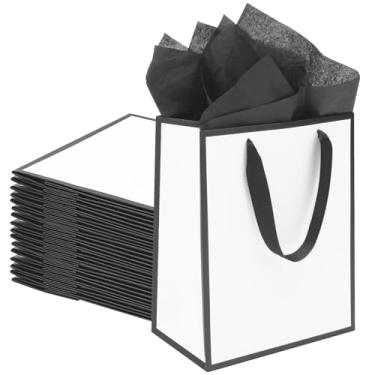 Imagem de QIELSER Sacos de presente preto e branco com alças, sacos de papel médios de 20 x 12 x 25 cm com papel de seda para casamento, chá de bebê, aniversário, festa, férias, sacos de boas-vindas para