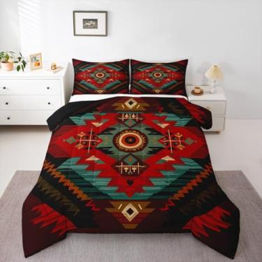 Imagem de jejeloiu Jogo de cama solteiro com decoração ocidental, rústico, asteca do sudoeste, para meninos, meninas, adolescentes, fazenda, boêmio, geométrico, edredom para decoração de quarto