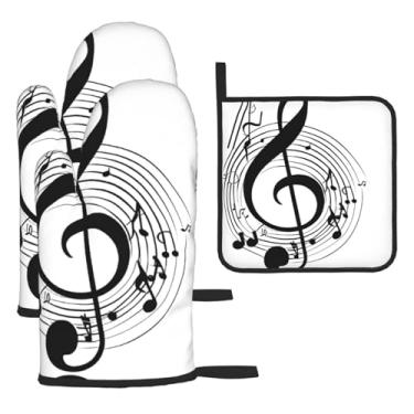 Imagem de Music – Conjunto de cozinha essencial com 3 peças, luvas resistentes ao calor e alça de tampa, proteção para churrasco no forno, design de armazenamento suspenso.