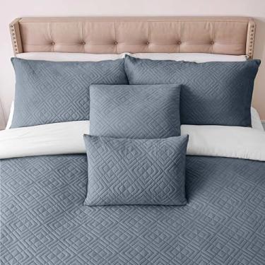 Imagem de Clara Clark Colchas tamanho solteiro - conjunto de colcha para todas as estações, conjunto de cama leve de trama Pinsonic - Conjunto de colcha de solteiro de 5 peças com fronhas, azul aço - diamante
