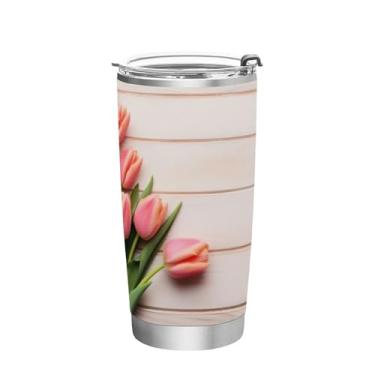 Imagem de Wassud Cute Tulipas Copo de 340 g com tampa e canudo de aço inoxidável parede dupla copo isolado caneca de café de viagem para bebidas frias e quentes