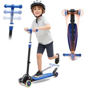 Imagem de Patinete infantil: scooters de 3 rodas iluminadas por LED para crianças de 6 a 12 anos, 3 guidões de altura ajustável, inclinado para dirigir, plataforma antiderrapante alargada, scooter dobrável