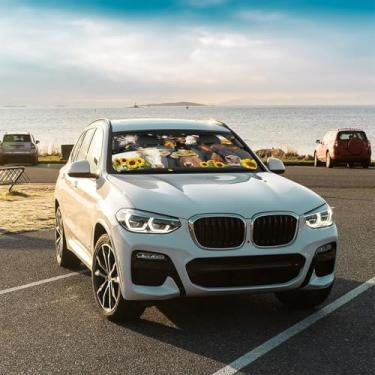 Imagem de Guarda-chuva dobrável para para-brisa frontal com flor de vaca mantém o veículo fresco para a maioria dos veículos, guarda-chuva de para-brisa 144,8 x 76,2 cm
