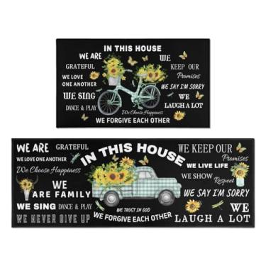 Imagem de QXWREL Tapetes e tapetes de cozinha Farmhouse, conjuntos de 2 peças para piso, tapete e corredor de cozinha vintage preto girassol, lavável na máquina para decoração de corredor de cozinha 43 x 76 cm