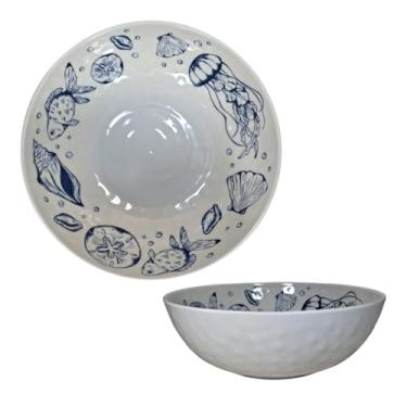 Imagem de Tigela Bowl Grande 3L Fruteira Desenho Frutos do Mar Melamina Branca Azul Cumbuca Sala De Jantar