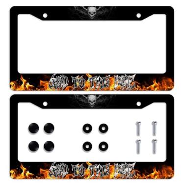 Imagem de 2 peças moldura de placa de carro de fogo fogo escuro moldura de placa de licença frontal de aço inoxidável personalizado molduras engraçadas de placa de licença com parafusos tamanho para homens e