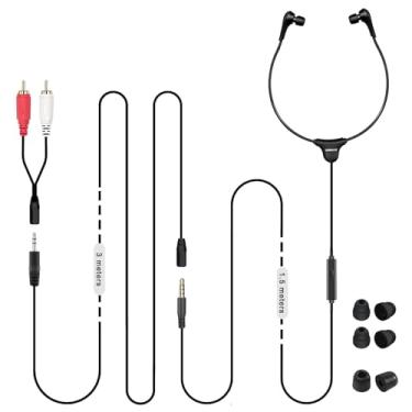 Imagem de SIMOLIO Fone de ouvido de TV com fio antiqueda com controle de volume, fone de ouvido de cabo extra longo com microfone para TV, PC, RCA e cabo de 3,5 mm incluídos, cabo de extensão de 4,5 m, pontas