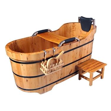 Imagem de Banheira doméstica espessa para adultos de madeira maciça banheira independente removível (cor de madeira original configuração luxuosa, comprimento 130 largura 63 altura 73)