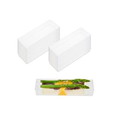 Imagem de Pratos de plástico retangulares de 13 cm x 4 cm, 100 bandejas de festa recicláveis e molháveis – resistente a rachaduras, laterais elevadas, mini bandejas de plástico transparente para aperitivos, para sushi, aperitivos ou sobremesas