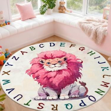 Imagem de Lacomfy Tapete Lion ABC 1,5 m grande círculo infantil rosa redondo alfabeto tapete de brincar para Gilrs quarto sala de aula Safari tapete animal para meninos meninas crianças decoração de berçário,