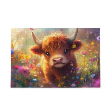 Imagem de Quebra-cabeças bonitos de flores de bezerro Highland com 1000 peças de madeira e papel combinados para adultos