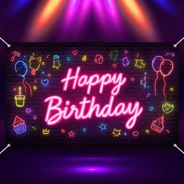 Imagem de BlissYard Banner neon feliz aniversário 71 x 43 polegadas fundo brilhante decoração festa com balões cupcakes estrelas notas musicais design cabine foto pano de fundo suprimentos decoração evento arte