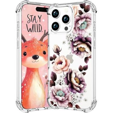 Imagem de CCFUNCASE Compatível com iPhone 16 Pro Max Capa transparente fofa para mulheres - Capas de telefone robustas Funda Capa protetora (rosa graciosas flores artísticas)