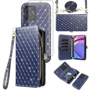 Imagem de Capa de celular para Motorola Moto G Power 5G 2023 com zíper carteira destacável com protetor de tela de vidro temperado, alça transversal com glitter, compartimento para cartão GPower G5 mulheres