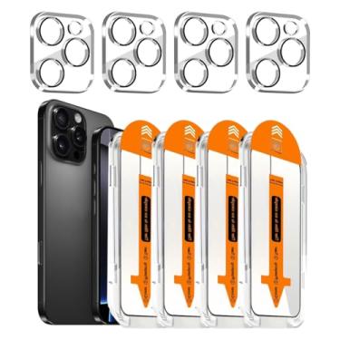 Imagem de Pacote com 4 protetores de tela para iPhone 16 Pro com 4 protetores de lente de câmera, película de vidro temperado de dureza 9H transparente HD de 6,3 polegadas, resistente a arranhões, fácil