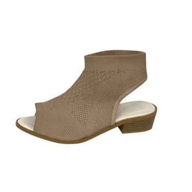 Imagem de Sandálias femininas de malha arejada boca de peixe bico aberto salto bloco baixo sem cadarço para uso casual primavera verão, Marrom, 38