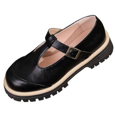 Imagem de Tênis feminino versátil legal e elegante plus size com fivela de cinto de cabeça redonda e novo estilo britânico sola grossa sapatos de couro pequenos, Preto, 34 BR