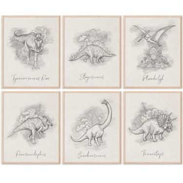 Imagem de Impressões artísticas do conjunto de esboços de dinossauro (conjunto de 6) - 28 x 35 cm | Libere o charme pré-histórico com estas artes de parede | Decoração de sala de estar | Decoração de casa de