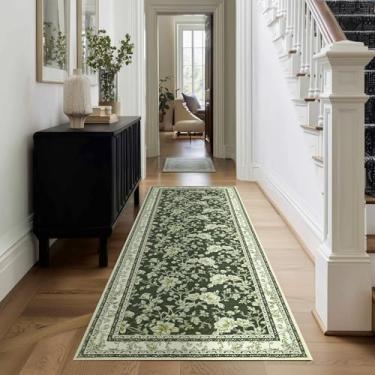 Imagem de Tapetes de área com estampa floral verde-oliva para quarto, sala de estar, boho, casa de fazenda, rústico, sala de jantar, tapetes macios e laváveis, revestimento antiderrapante para berçário, sala de