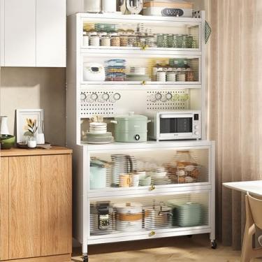 Imagem de Rack de armazenamento montado na parede, suporte de micro-ondas de 5 camadas e rack de padeiro com armários, solução de organização de cozinha, armazenamento multifuncional com acessórios, design que