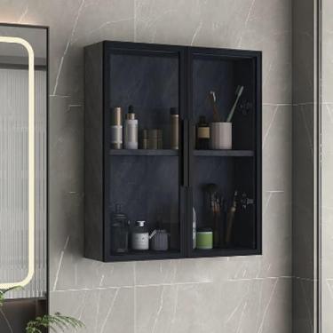 Imagem de Armário de armazenamento de banheiro de madeira maciça montado na parede com espelho e portas de vidro - Organizador de banheiro estreito para banheiro e cozinha, rack de parede que economiza espaço