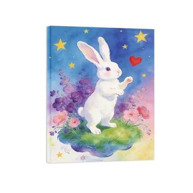 Imagem de BMZFYBS Impressão em tela de arte de parede animal - coelho e flores - pintura de decoração moderna - imagens para casa pronta para pendurar tela embrulhada 60 x 80 cm 24 x 31 polegadas