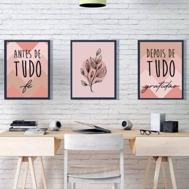 Imagem de Kit 3 Quadros Fé E Gratidão Chevron 34x23Cm