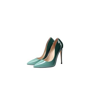 Imagem de XINIUNIU Sapatos de salto alto para mulheres, salto largo, couro envernizado gradiente, 4,7 polegadas/12 cm, sapatos formais, sexy, fashion, stiletto, sapatos de casamento, bico fino, Verde menta, 6.5