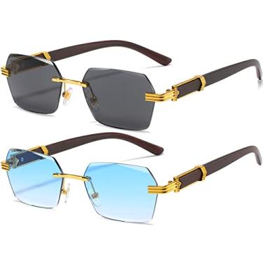 Imagem de AIEYEZO Óculos De Sol Retrô Sem Aro Retangulares Unissex Vintage Sem Armação Óculos De Sol Quadrados Da Moda Óculos Escuros (Dourado/Cinza + Dourado/Azul Degradê)