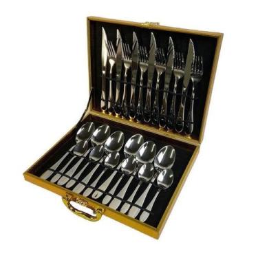 Imagem de Faqueiro 24 Peças Aço Inox Conjunto Talheres Maleta Dourada - CORTINOX