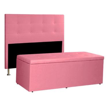 Imagem de Kit Cabeceira E Calçadeira Baú Casal 1,40m Berlim Suede Rosa - Pallazio