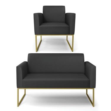 Imagem de Sofá Namoradeira Com Poltrona Base Industrial Dourado Marisa Corino D03 - D\'rossi Cor Preto