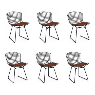 Imagem de Kit 6 Cadeiras Bertoia Preta Com Assento Marrom