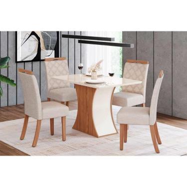 Imagem de Conjunto Mesa De Cozinha Luiza Tampo Madeirado Com Vidro Canto Reto 120x80cm E 4 Cadeiras Bella Nature Linho Henn