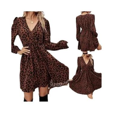 Imagem de Vestido Feminino Com Estampa De Leopardo, Decote Em V, Manga Bolha, Mi