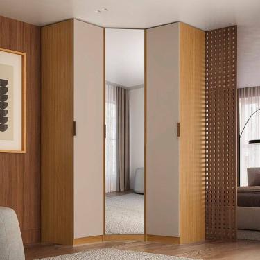 Imagem de Guarda-roupa de Canto Oblíquo Espelho 3 Portas Mdf Altezza Freijó/Off White