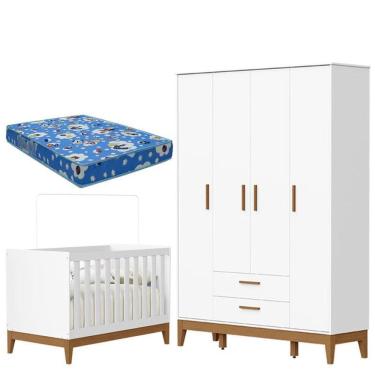 Imagem de Guarda Roupa Infantil 4 Portas com Berço Americano Flip Branco Acetinado com Colchão - Reller