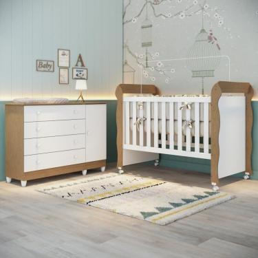 Imagem de Quarto Bebê Berço Americano 3 em 1 Mirelle Cômoda Infantil Fraldário Taís 100% MDF Bran...