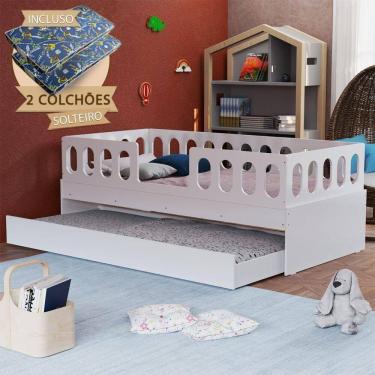 Imagem de Cama Solteiro Infantil Lara com Cama Auxiliar e 2 Colchões Branco